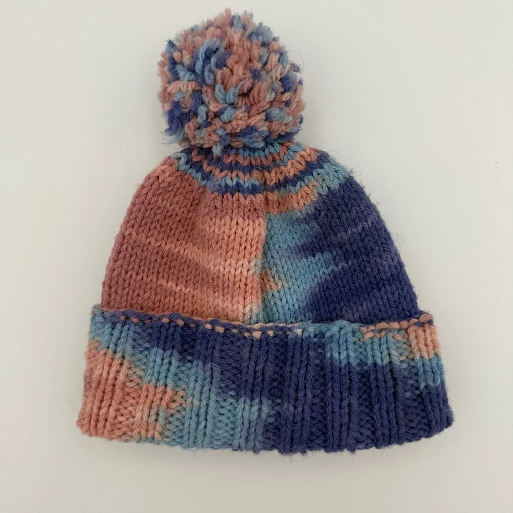 Handmade‎ Toddler Hat (1-2 Yrs) - Knit Pom-Pom Beanie in Pink, Blue & Purple
